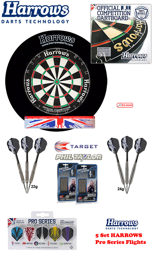 SET HARROWS Ocbb + H. Surround black + 2 Set Phil Taylor Darts + Abwurflinie + 5er Set Flights