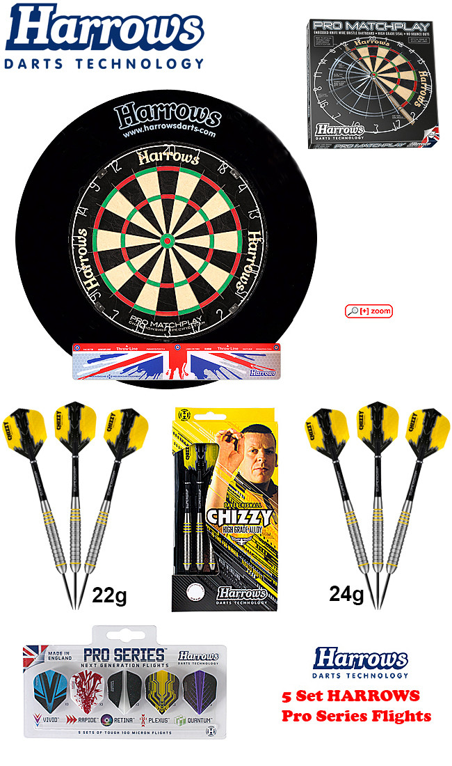 SET HARROWS Matchplay + H. Surround black + 2 Set Chizzy Darts + Abwurflinie + 5er Set Flights